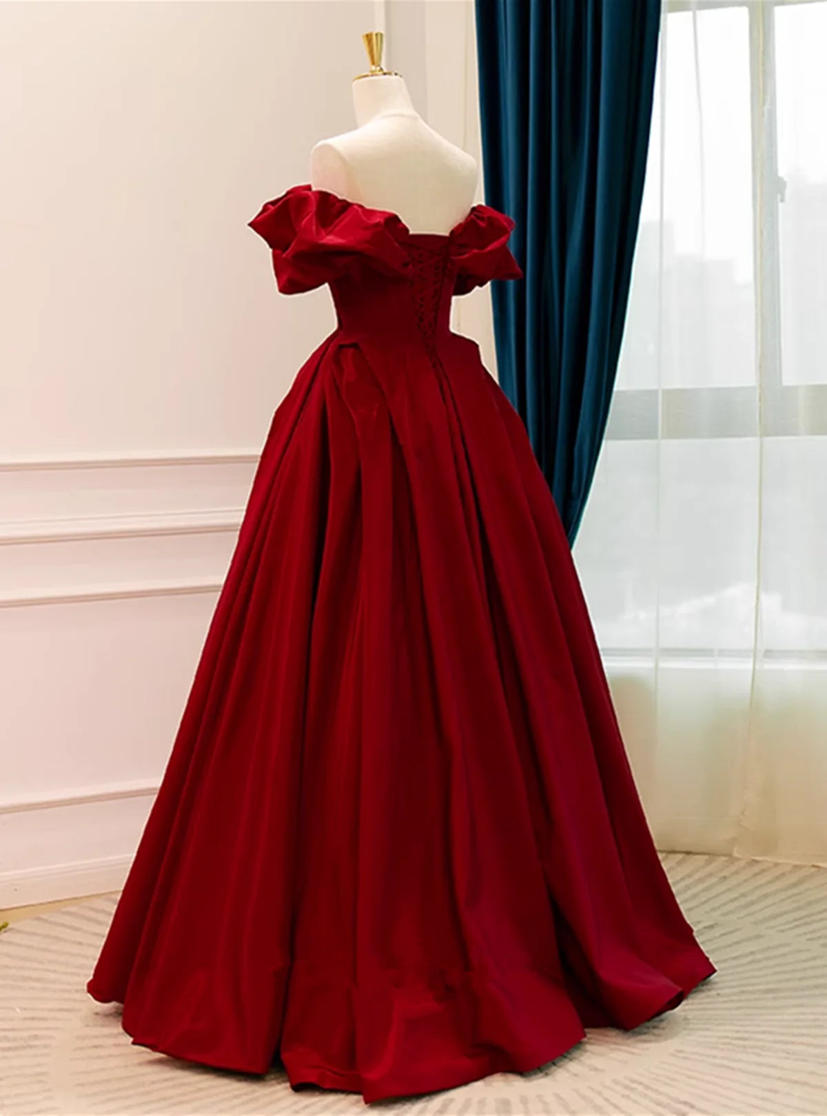 Wine Red Satin Off Shoulder Chic Long Party Dress, Wine Red Sweetheart Prom Dress TP1177