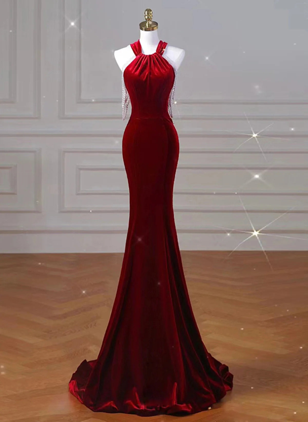 Wine Red Velvet Mermaid Halter Long Evening Dress, Wine Red Velvet Party Dress TP1185