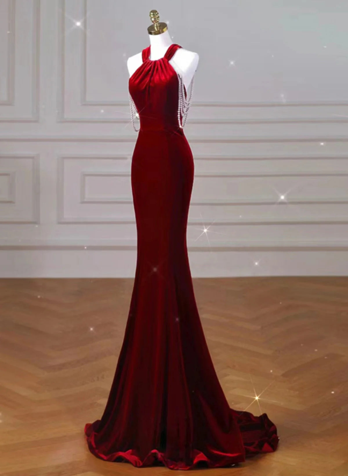 Wine Red Velvet Mermaid Halter Long Evening Dress, Wine Red Velvet Party Dress TP1185