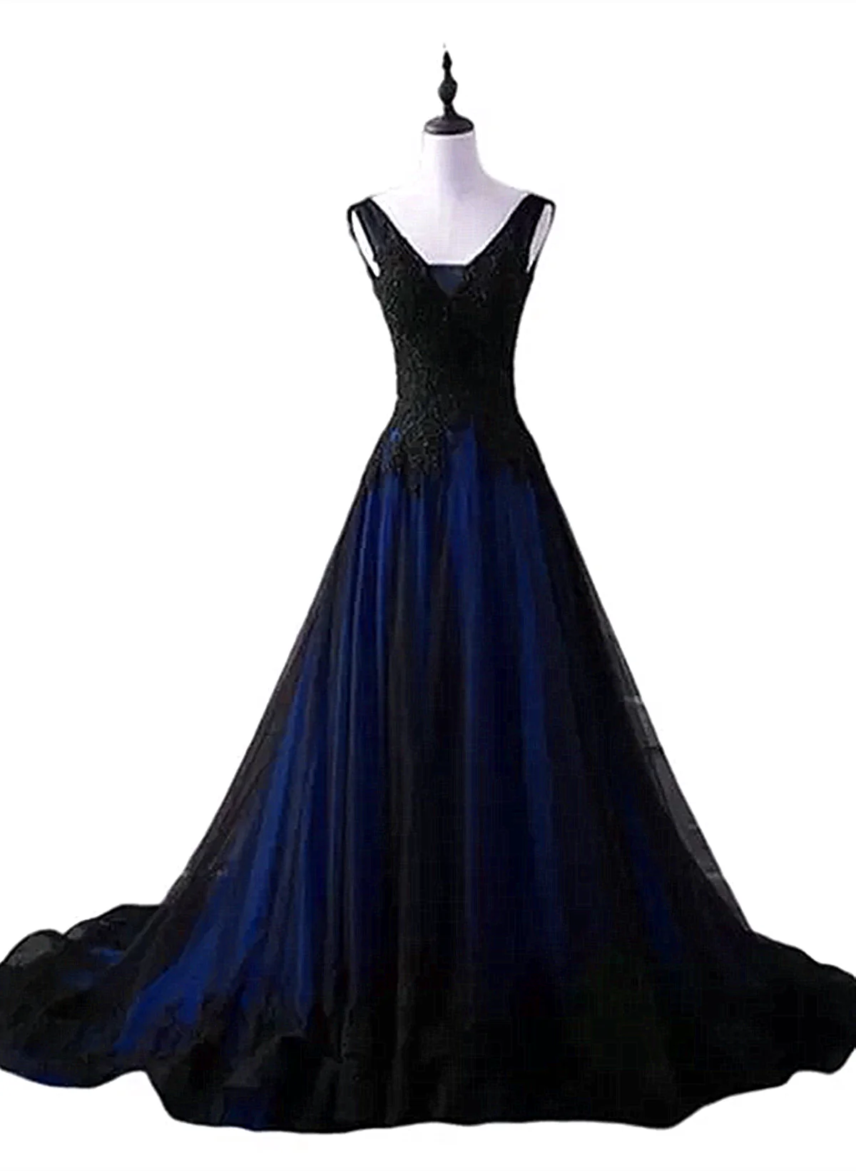 Black and Blue Lace V-neckline Long Party Dress, A-line Tulle Evening Dress Party Dress TP1187