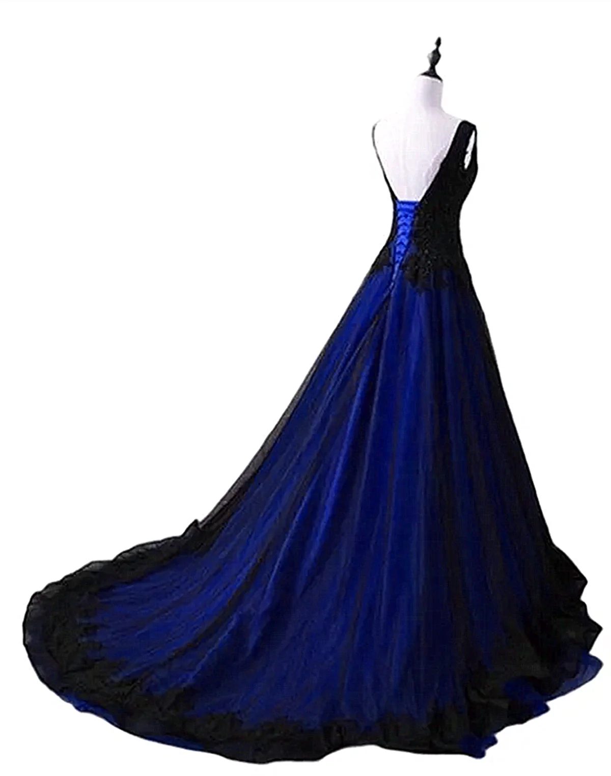 Black and Blue Lace V-neckline Long Party Dress, A-line Tulle Evening Dress Party Dress TP1187