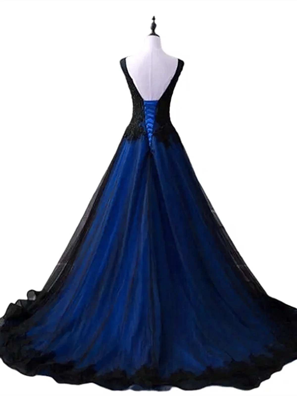 Black and Blue Lace V-neckline Long Party Dress, A-line Tulle Evening Dress Party Dress TP1187