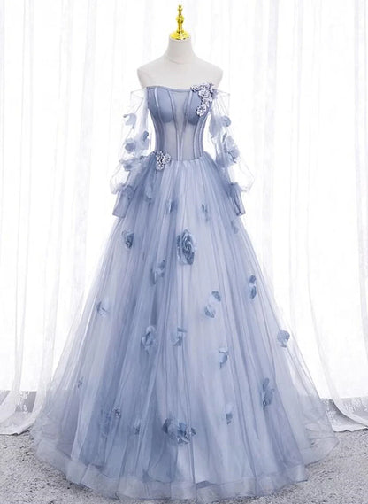 Light Blue Tulle Puffy Sleeves with Flowers Sweet 16 Dress, Light Blue Formal Dress TP1191