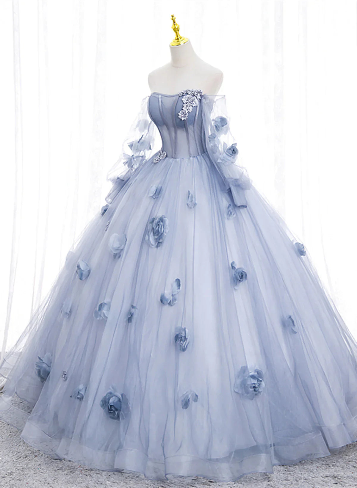 Light Blue Tulle Puffy Sleeves with Flowers Sweet 16 Dress, Light Blue Formal Dress TP1191