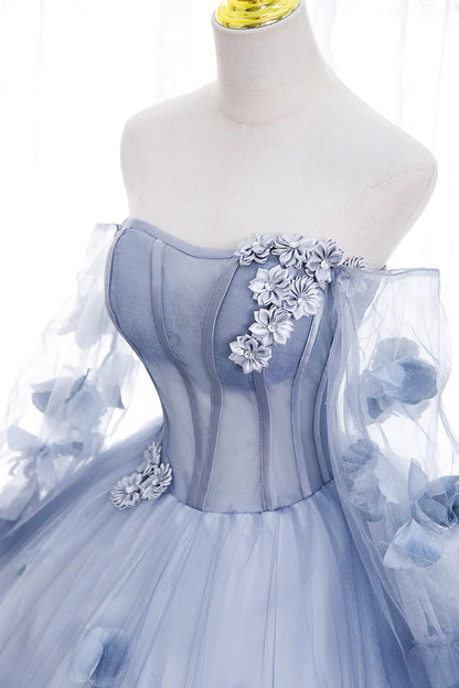 Light Blue Tulle Puffy Sleeves with Flowers Sweet 16 Dress, Light Blue Formal Dress TP1191