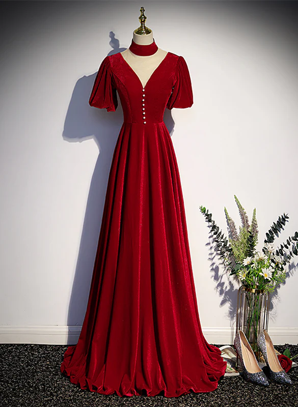 A-line Red Velvet High Neckline Wedding Party Dress, Red Velvet Long Prom Dress TP1195