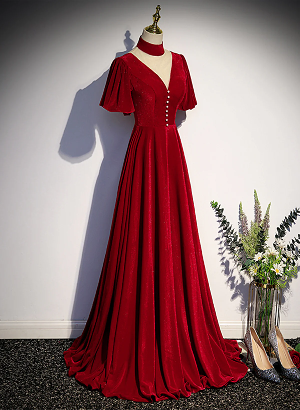 A-line Red Velvet High Neckline Wedding Party Dress, Red Velvet Long Prom Dress TP1195