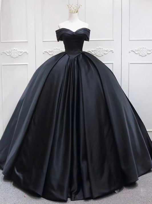 Black Satin Ball Gown Sweetheart Long Formal Dress, Black Sweet 16 Dress TP1198