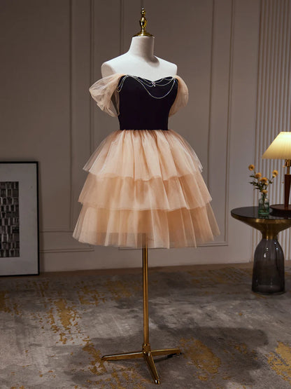 Champagne Tulle Sweetheart Short Party Dress, Champagne Homecoming Dress TP1199