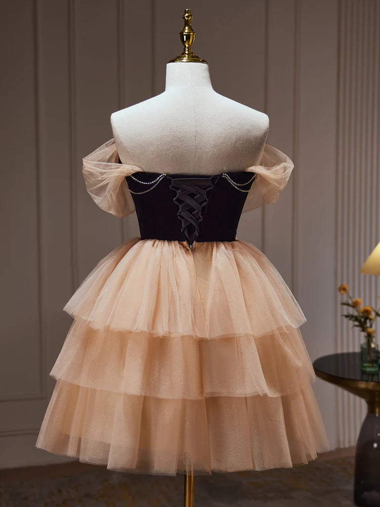 Champagne Tulle Sweetheart Short Party Dress, Champagne Homecoming Dress TP1199