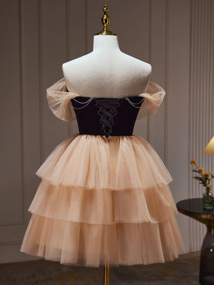 Champagne Tulle Sweetheart Short Party Dress, Champagne Homecoming Dress TP1199