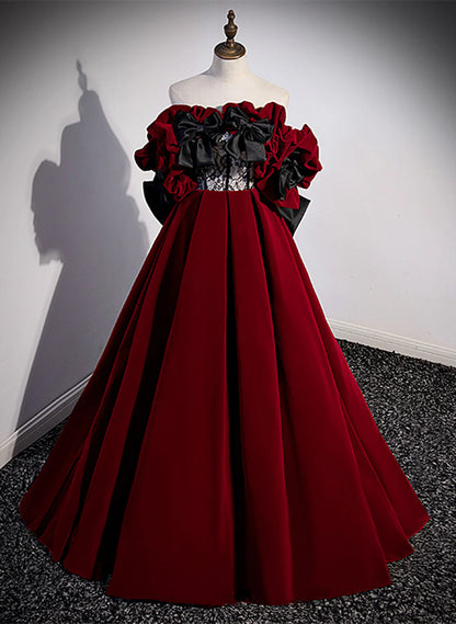 Dark Red Velvet Off Shoulder Party Dress, A-line Floor Length Prom Dress Formal Dress TP1201