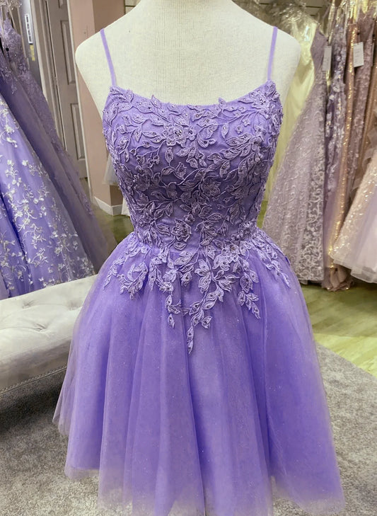 Cute Purple Straps Tulle Short Party Dress, Purple Lace Applique Homecoming Dress TP1204