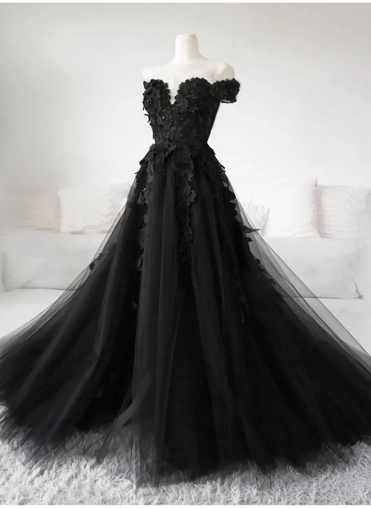 Black Off Shoulder Lace and Tulle Party Dress, Black Long Formal Dress Prom Dress TP1205