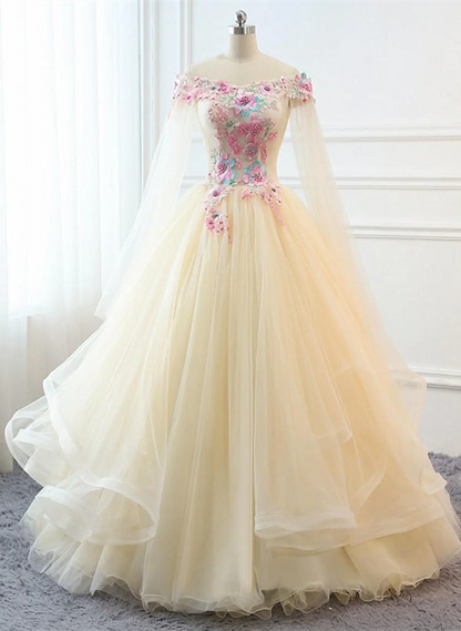 Light Champagne Off Shoulder Sweet 16 Dress, Champagne Tulle Long Formal Dress TP1213