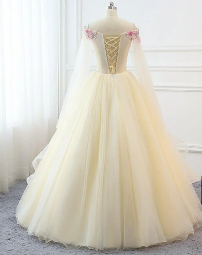 Light Champagne Off Shoulder Sweet 16 Dress, Champagne Tulle Long Formal Dress TP1213