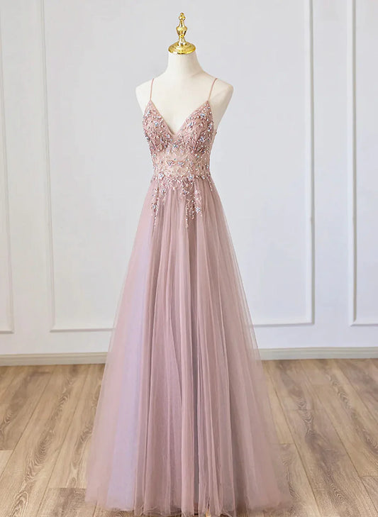 Lovely Pink V-neckline Beaded Straps Floor Length Party Dress, Pink Long Prom Dress TP1219