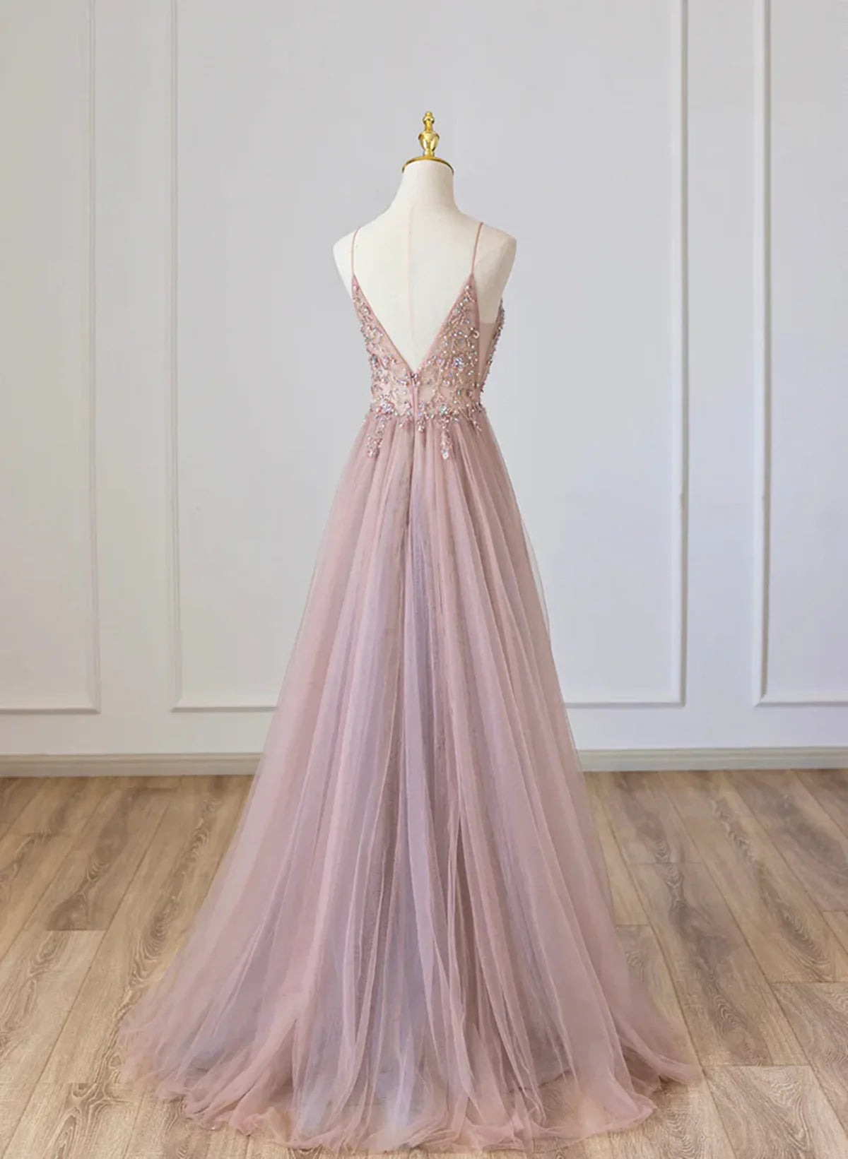 Lovely Pink V-neckline Beaded Straps Floor Length Party Dress, Pink Long Prom Dress TP1219