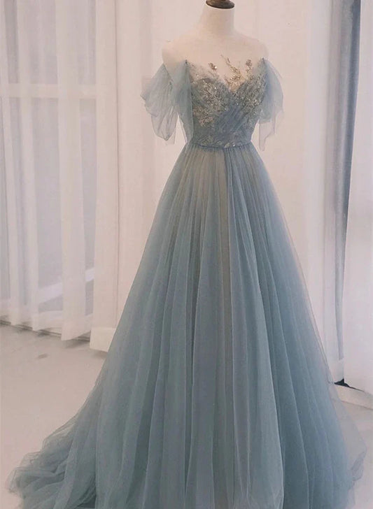 A-line Round Neckline Blue Tulle with Lace Long Party Dress, Tulle Evening Dress Prom Dress TP1222