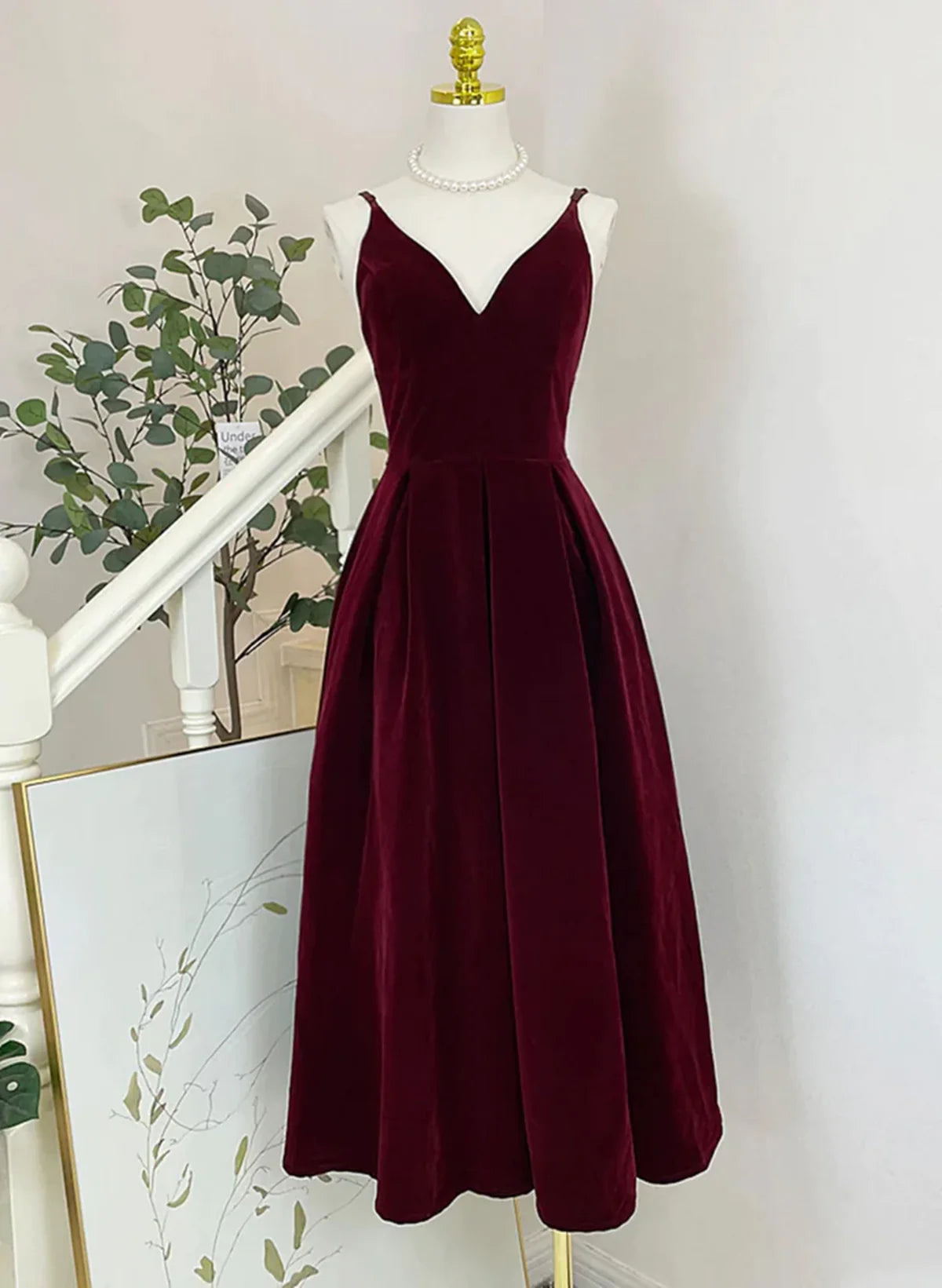 Wine Red V Neck Tea Length Party Dress, Wine Red Velvet Wedding Party Dress TP1227