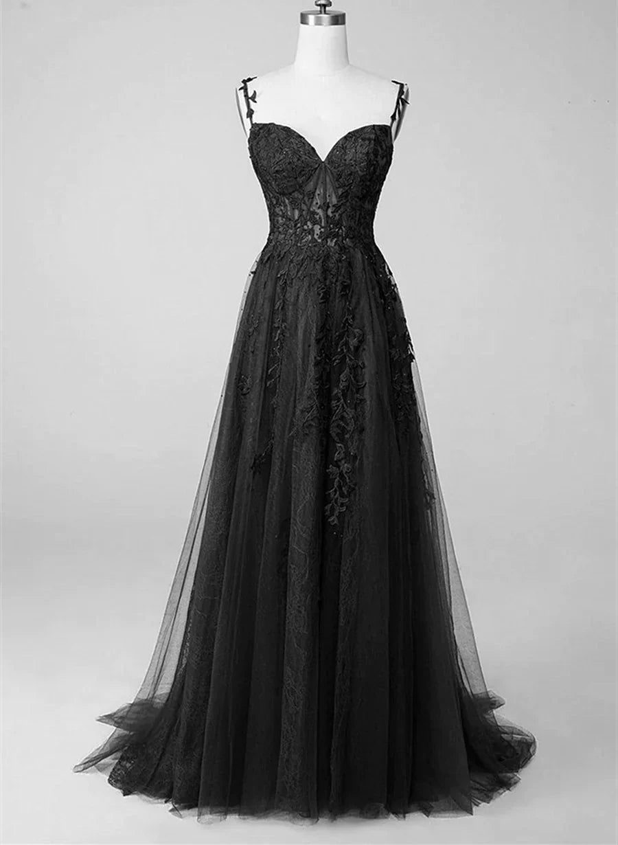 A-line Lace Straps Beaded Black Prom Dress Party Dress, Black Floor Length Formal Dress TP1233