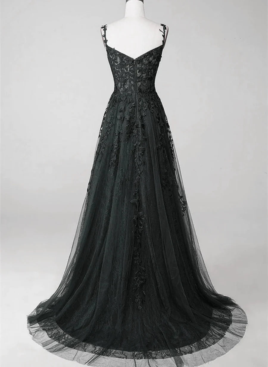 A-line Lace Straps Beaded Black Prom Dress Party Dress, Black Floor Length Formal Dress TP1233