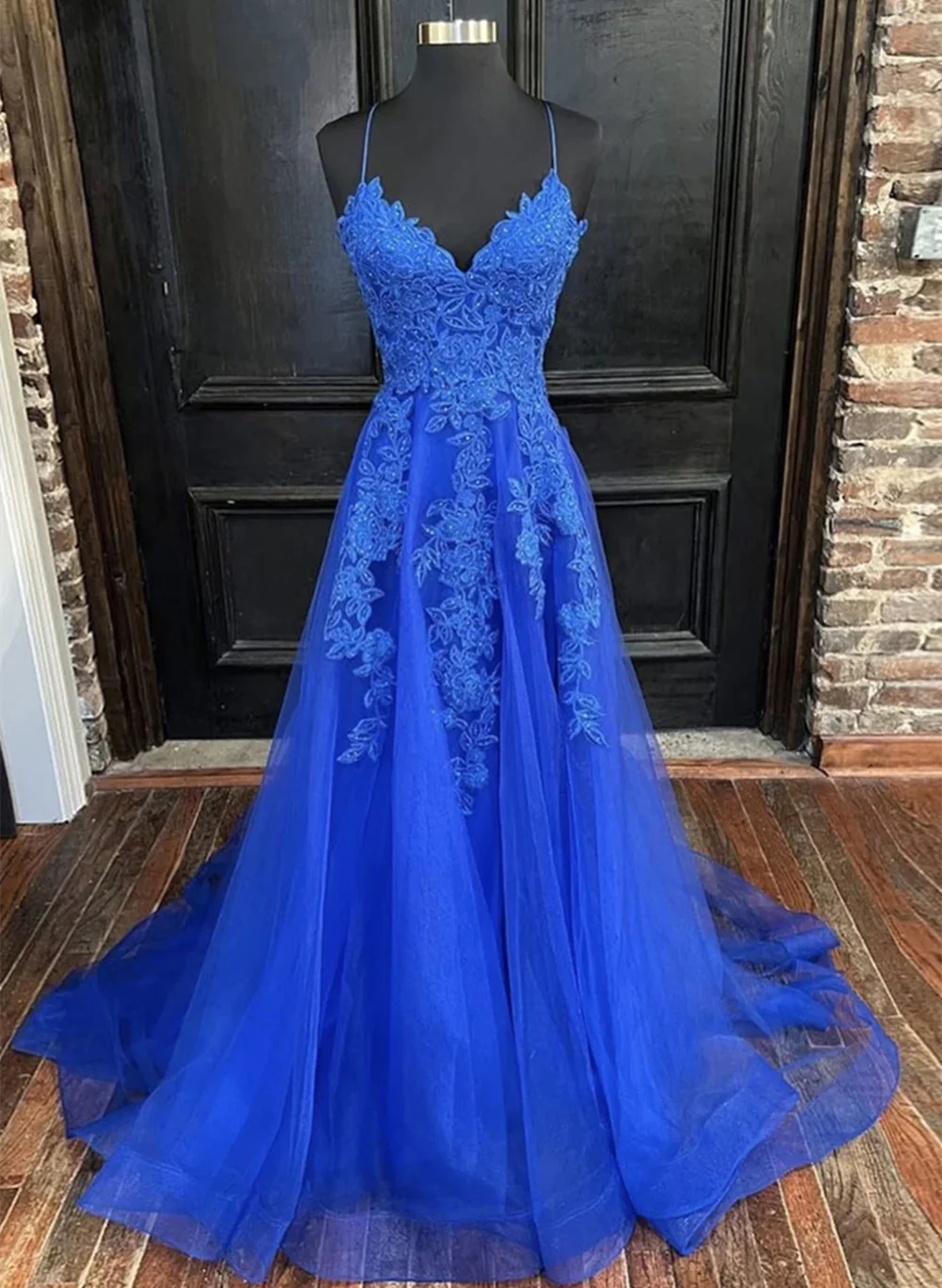 V Neck Blue Tulle A-line Long Prom Dress, V Neck Blue Evening Dress Party Dress TP1234