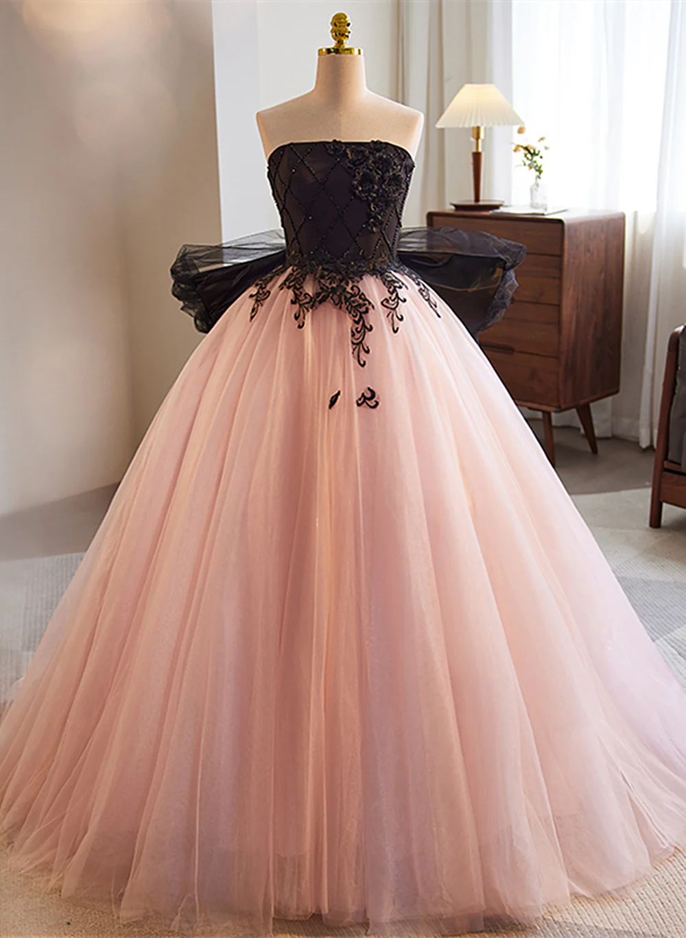 Pretty Pink and Black Ball Gown Tulle with Lace Formal Dress, Pink Sweet 16 Dresses TP1237