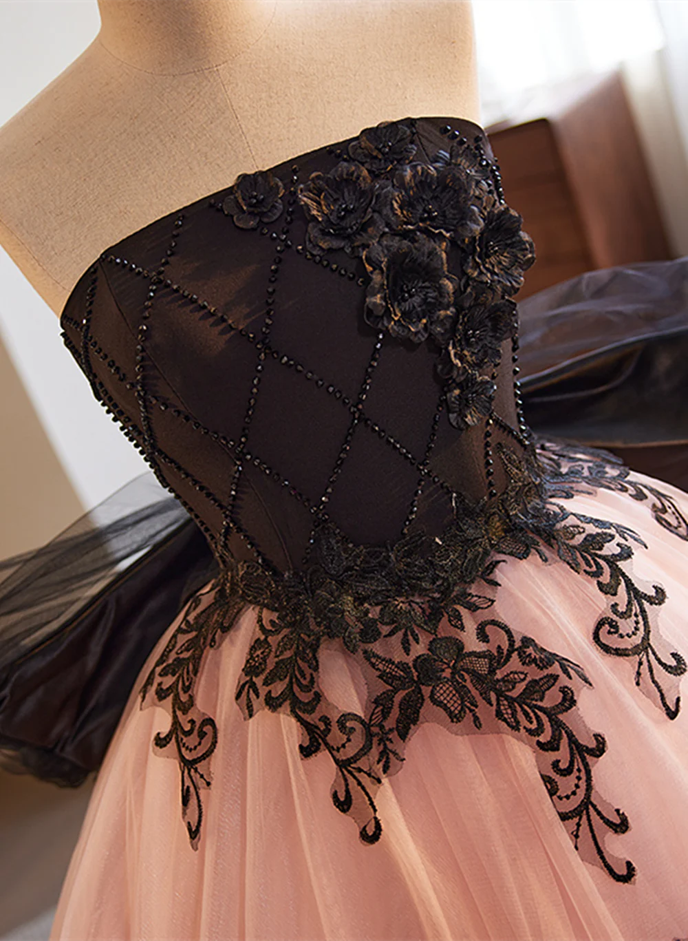 Pretty Pink and Black Ball Gown Tulle with Lace Formal Dress, Pink Sweet 16 Dresses TP1237