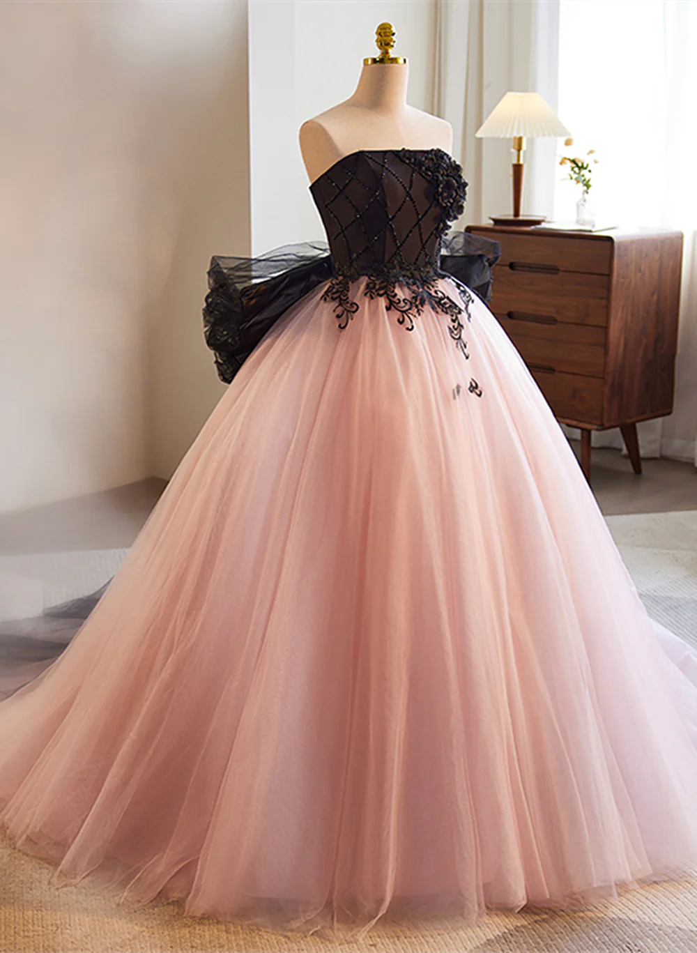 Pretty Pink and Black Ball Gown Tulle with Lace Formal Dress, Pink Sweet 16 Dresses TP1237