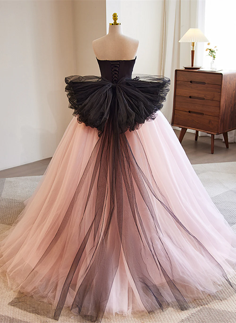 Pretty Pink and Black Ball Gown Tulle with Lace Formal Dress, Pink Sweet 16 Dresses TP1237