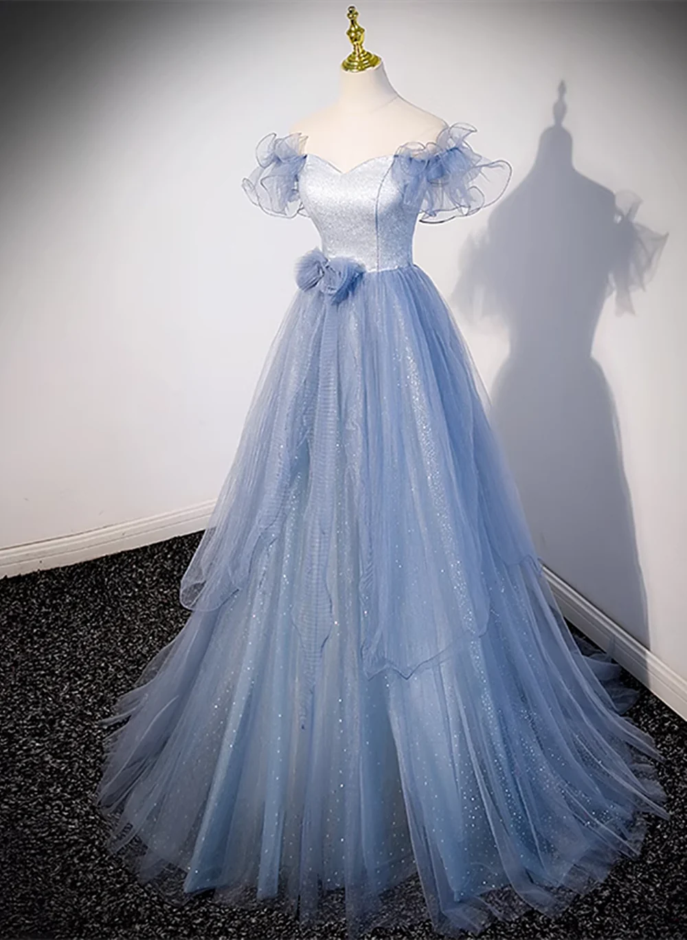 Light Blue Tulle Long Formal Dress, A-line Off Shoulder Evening Dress Prom Dress TP1242