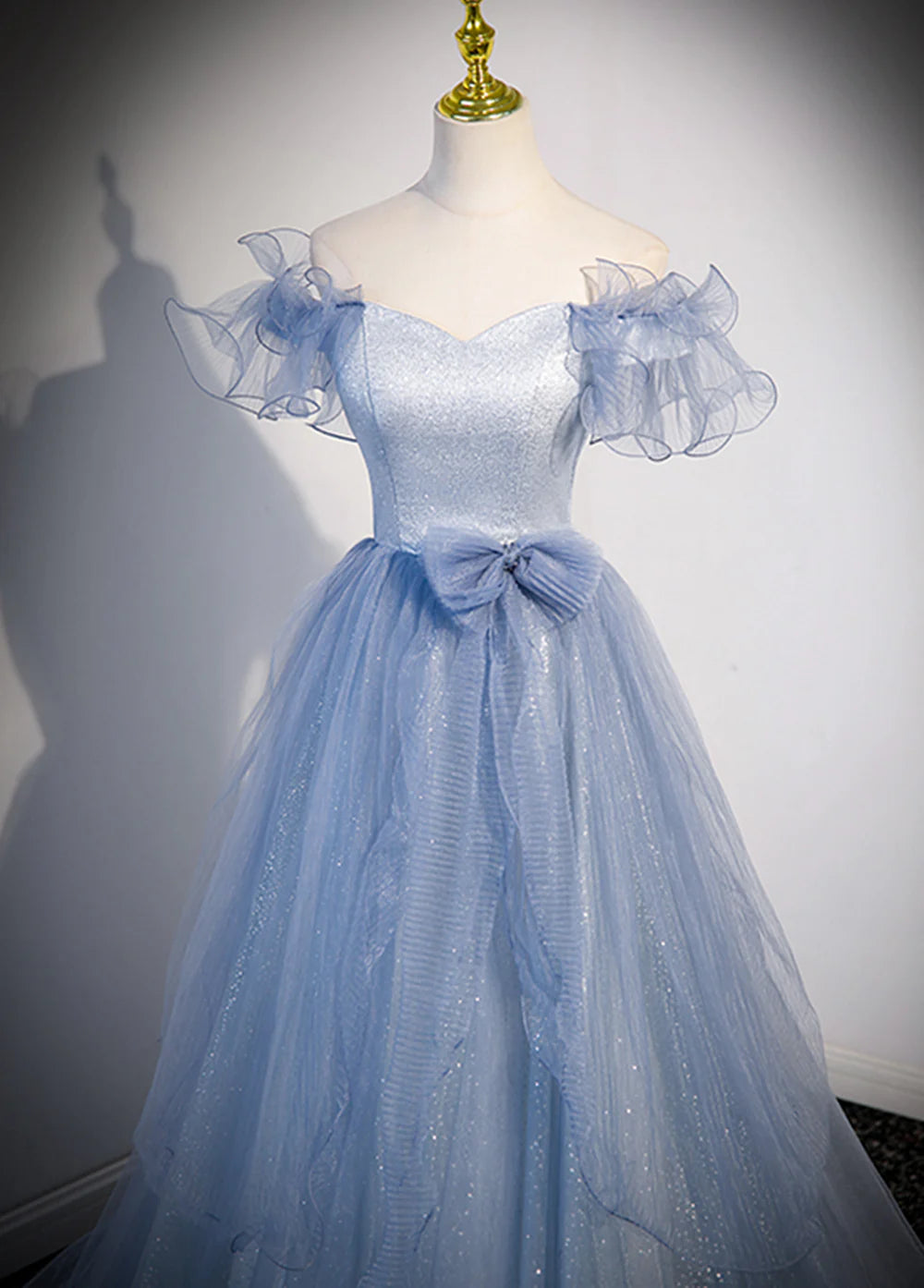 Light Blue Tulle Long Formal Dress, A-line Off Shoulder Evening Dress Prom Dress TP1242