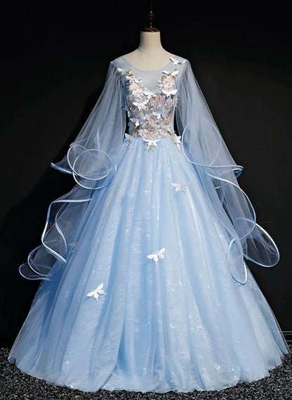 Light Blue Puffy Sleeves Tulle Ball Gown Party Dress, Sweet 16 Dresses Blue Formal Dresses TP1243