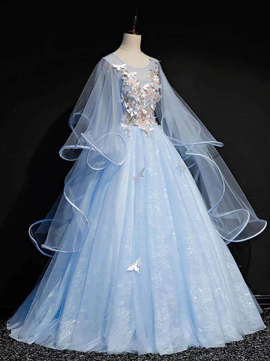 Light Blue Puffy Sleeves Tulle Ball Gown Party Dress, Sweet 16 Dresses Blue Formal Dresses TP1243