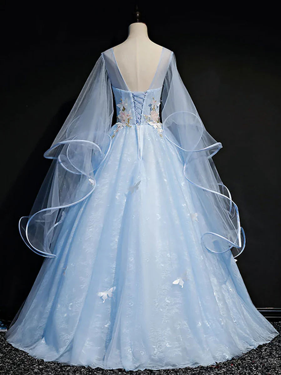 Light Blue Puffy Sleeves Tulle Ball Gown Party Dress, Sweet 16 Dresses Blue Formal Dresses TP1243