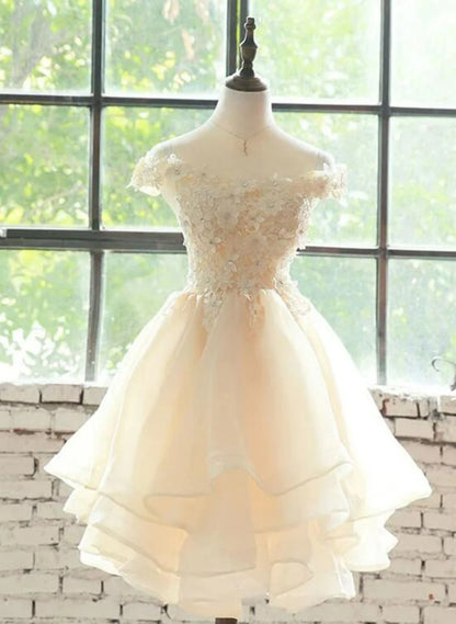 Light Champagne Organza with Lace Short Party Dress, Cute Champagne Homecoming Dress TP1244