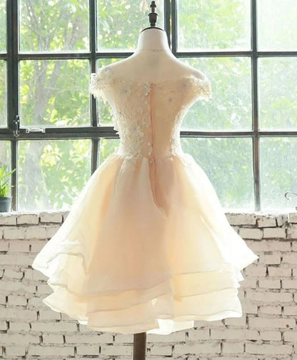 Light Champagne Organza with Lace Short Party Dress, Cute Champagne Homecoming Dress TP1244