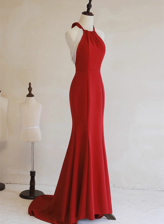 Simple Pretty Red Halter Mermaid Long Formal Dress, Red Long Evening Dress Prom Dress TP1246