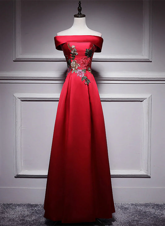 Red Simple Satin Off Shoulder Long Party Dress, A-line Floor Length Red Satin Prom Dress TP1247