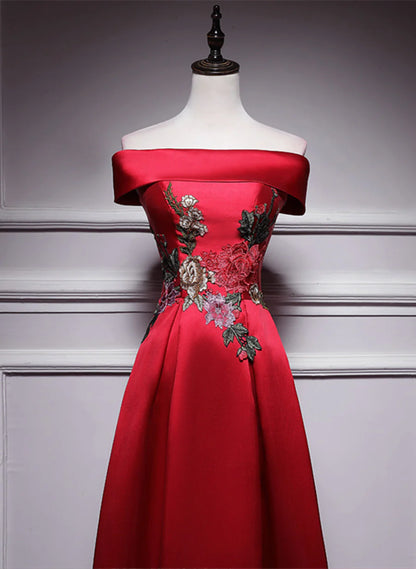 Red Simple Satin Off Shoulder Long Party Dress, A-line Floor Length Red Satin Prom Dress TP1247