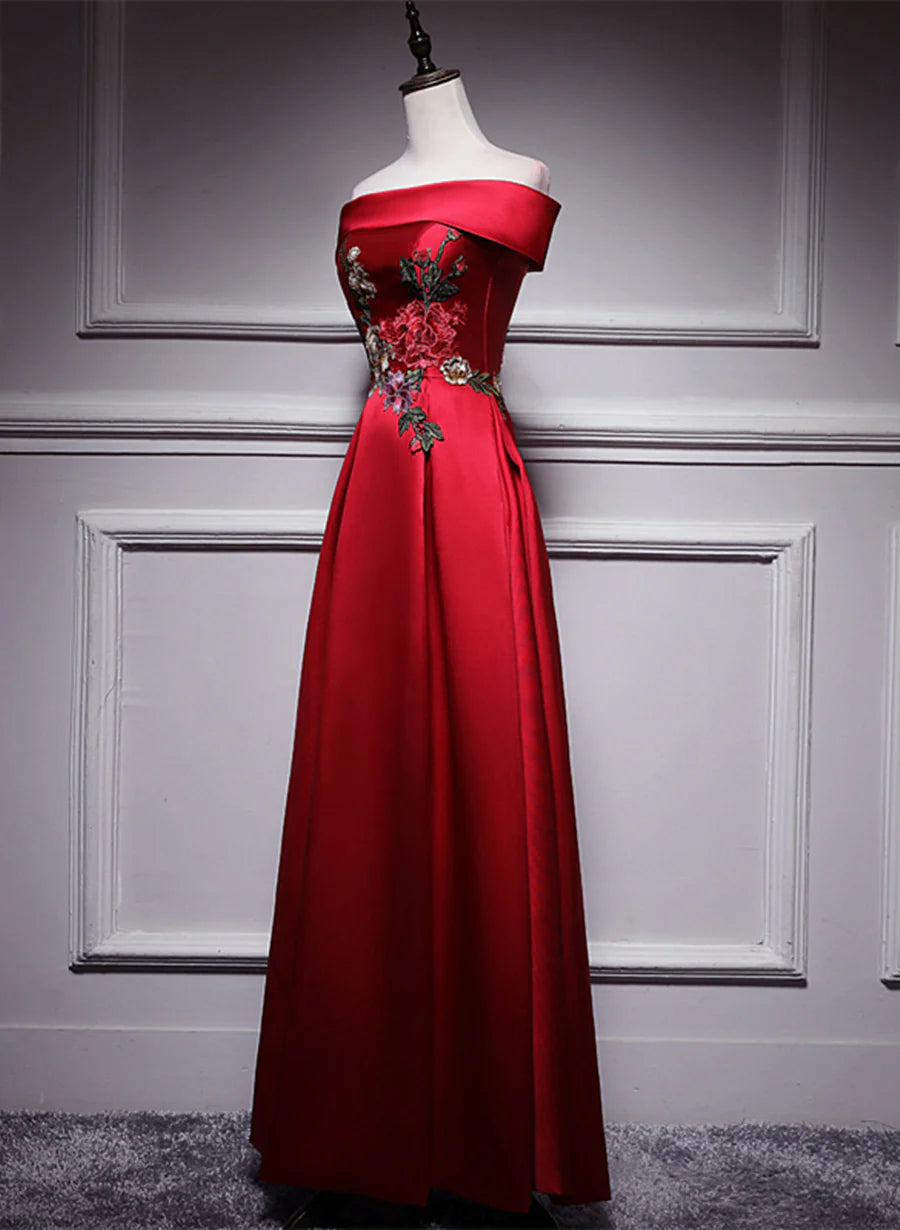 Red Simple Satin Off Shoulder Long Party Dress, A-line Floor Length Red Satin Prom Dress TP1247