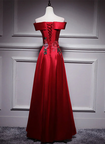 Red Simple Satin Off Shoulder Long Party Dress, A-line Floor Length Red Satin Prom Dress TP1247