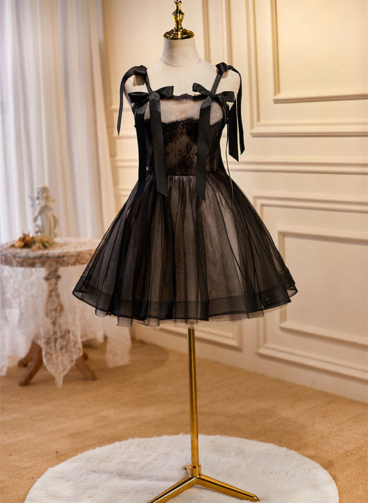 Cute Short Tulle with Lace Black Knee Length Party Dress, Black Short Prom Dress TP1250