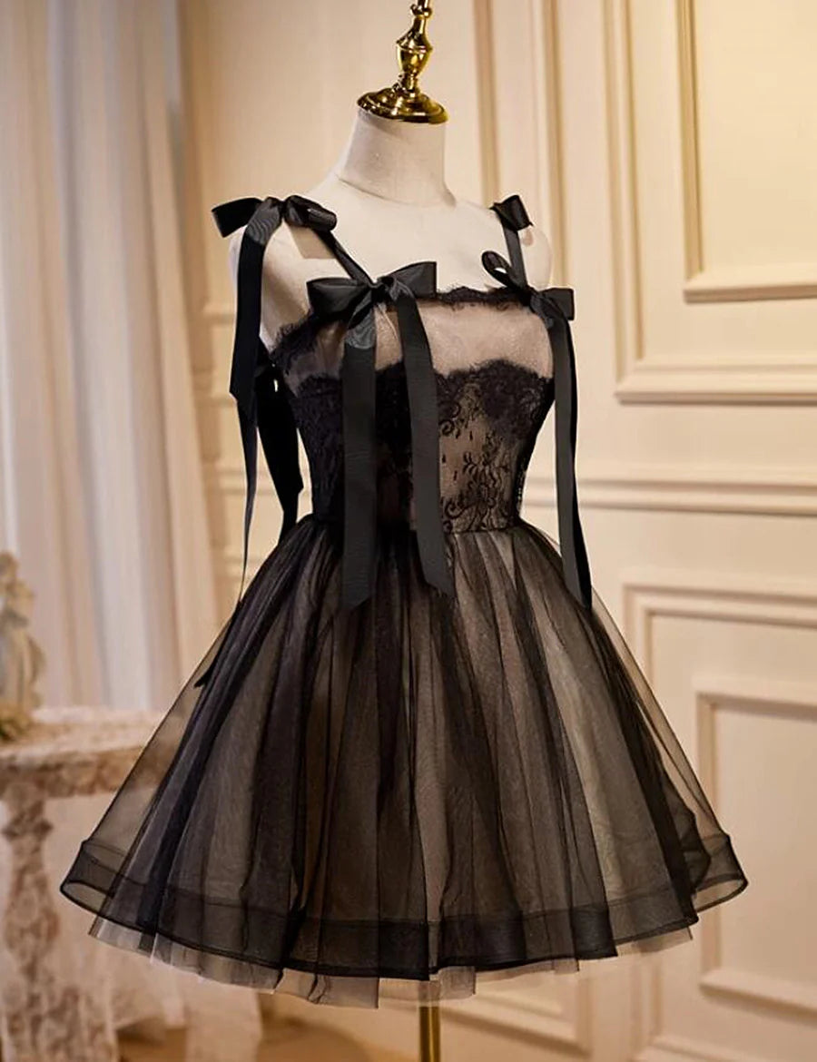 Cute Short Tulle with Lace Black Knee Length Party Dress, Black Short Prom Dress TP1250