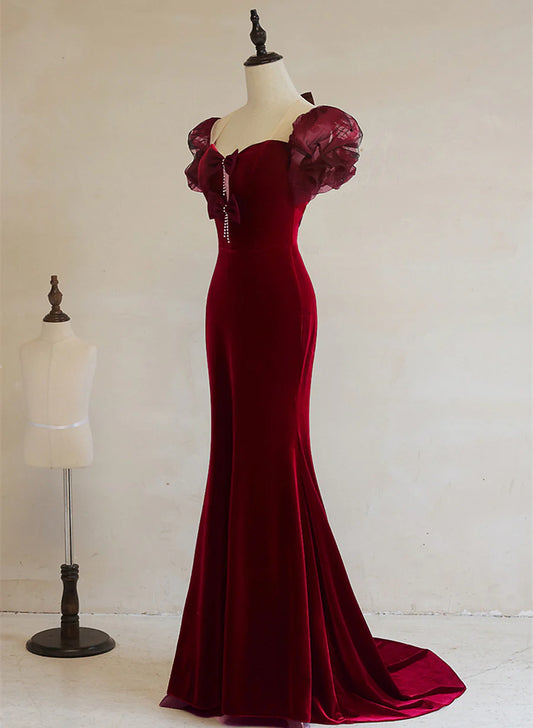 Wine Red Mermaid Long Velvet Wedding Party Dress, Wine Red Prom Dress Formal Dress TP1251