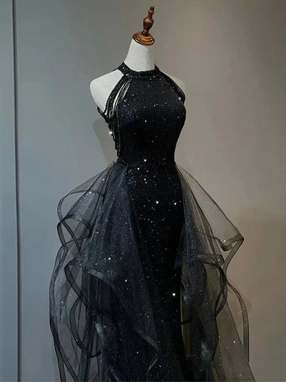 Chic Halter Sequins Black Long Party Dress with Tulle, Black Long Evening Dress TP1256