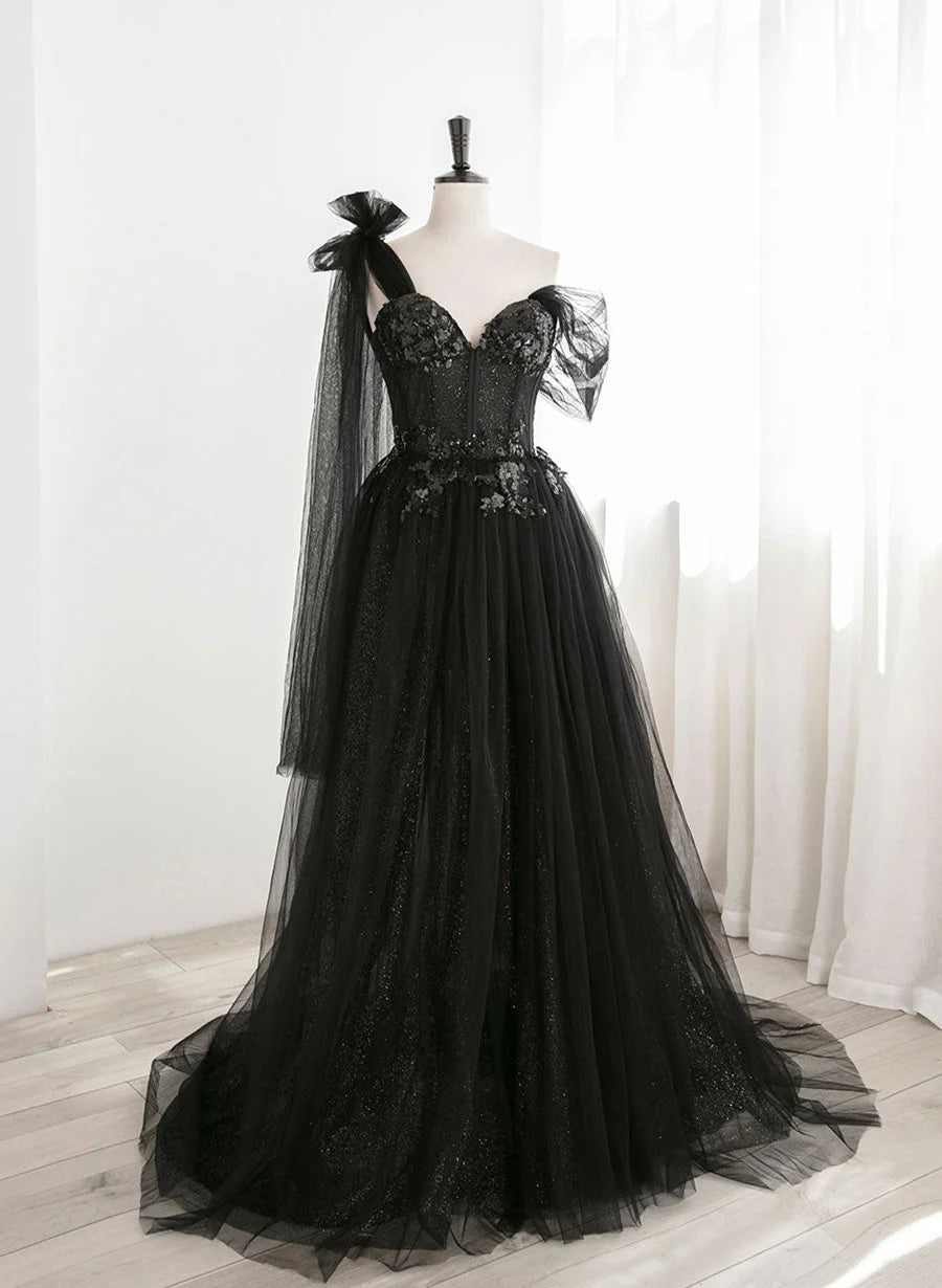 Black One Shoulder Tulle and Sequins Long Party Dress, Black Formal Dress TP1262