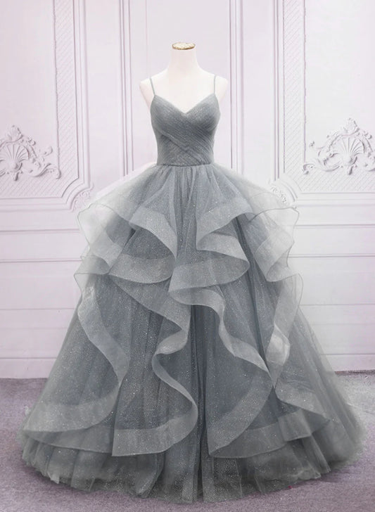 Light Grey Tulle Ball Gown Long V-neckline Formal Dress, Grey Wedding Party Dress TP1264