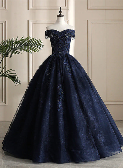 Glam Navy Blue Lace Ball Gown Sweet 16 Dress, Blue Long Wedding Party Dress TP1266